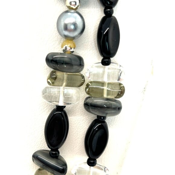 Vintage Czech Glass Beaded Necklace Black Smokey Gray & Clear With Tag - Picture 5 of 11